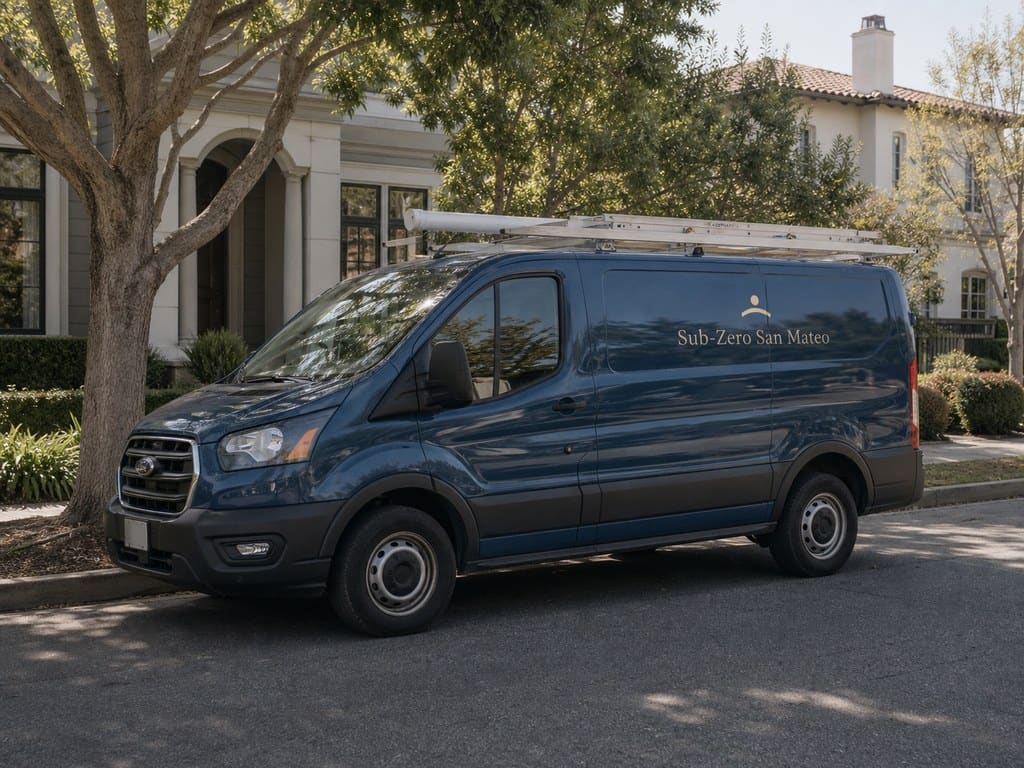 The slate-blue Sub-Zero San Mateo service van parked on a tree-lined residential street in San Mateo