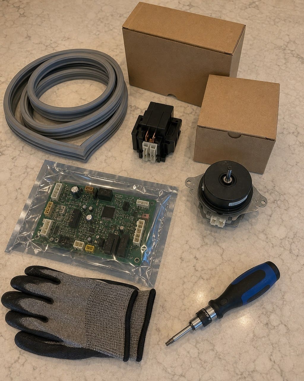 Genuine OEM Sub-Zero replacement parts — fan, gasket, sensor and valve — laid out on a clean workbench