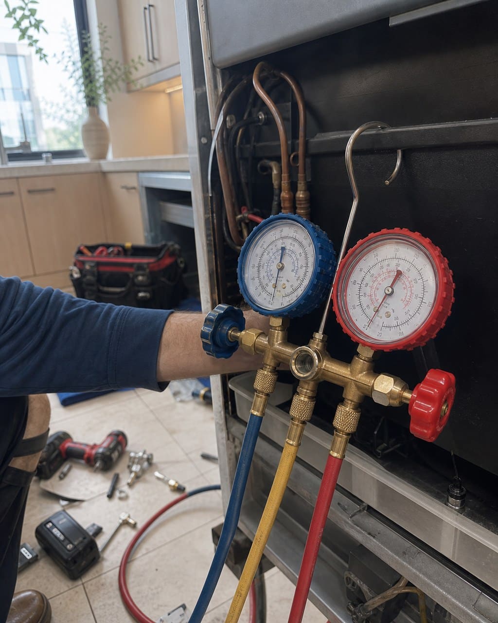 Technician reading refrigeration manifold gauges to assess a Sub-Zero sealed system in a San Mateo kitchen